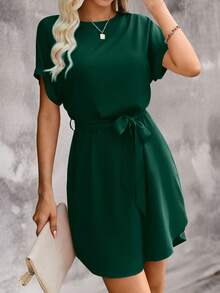 EMERY ROSE Váy ngắn tay lửng buộc eo đơn giản, màu trơn, thoải mái khi đi làm hàng ngày dành cho nữ - màu xanh lá - Xem 5