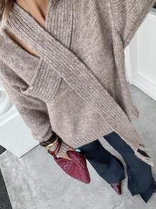 SHEIN Essnce 女式纯色交叉领口长袖毛衣，秋季 - 駝色 - 查看 2