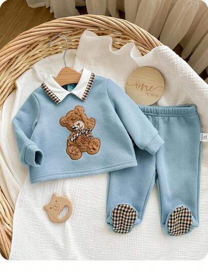 新生男婴可爱纯色蓝色领上衣和松紧腰加厚裤子套装，适合秋冬季
