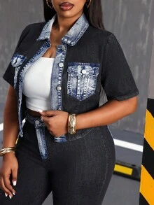 Slaydiva Plus Size Women's Contrast Color Short Sleeve Pocket Design Casual Denim Blouse