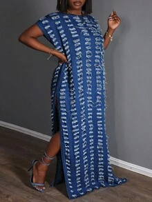 Slaydiva Váy Maxi Denim Xẻ Tà Bên Hông Thời Trang Cỡ Lớn - Màu xanh lam - Xem 4