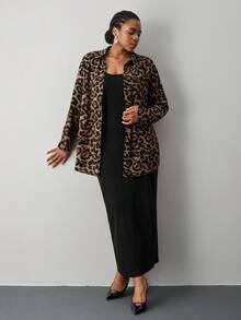SHEIN Tall CURVE Plus Size Women's Loose And Comfortable Leopard Print Shirt And Black Dress Two Pieces Set,Matching Outfits,Long Sleeve Set,Fall Outfits,Teacher Clothes,Midi Women Dresses Set,Curve Plus,Shirt Set