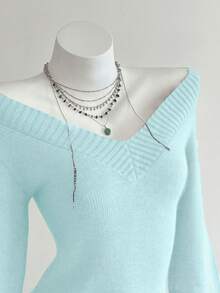 Elamini Suéter holgado de punto de unicolor con cuello en V y mangas farol para mujer