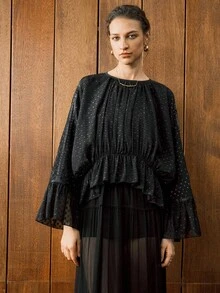 Arave 女式宽松提花网眼罩层休闲衬衫，春夏秋 - 黑色 - 查看 5