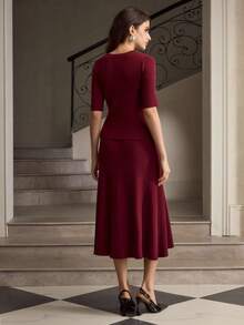 ZEYLAH 2pcs Set: Rhinestone Embellished Crew Neck Top & Skirt, Elegant Autumn/Winter - Burgundy - View 3