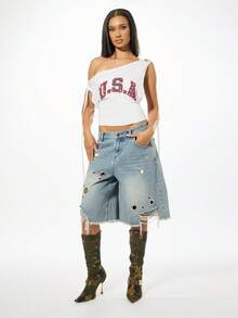 SUMWON WOMEN Jersey Stud Embellished One Shoulder Lace Up Back Top With USA Varsity Print - White - View 5