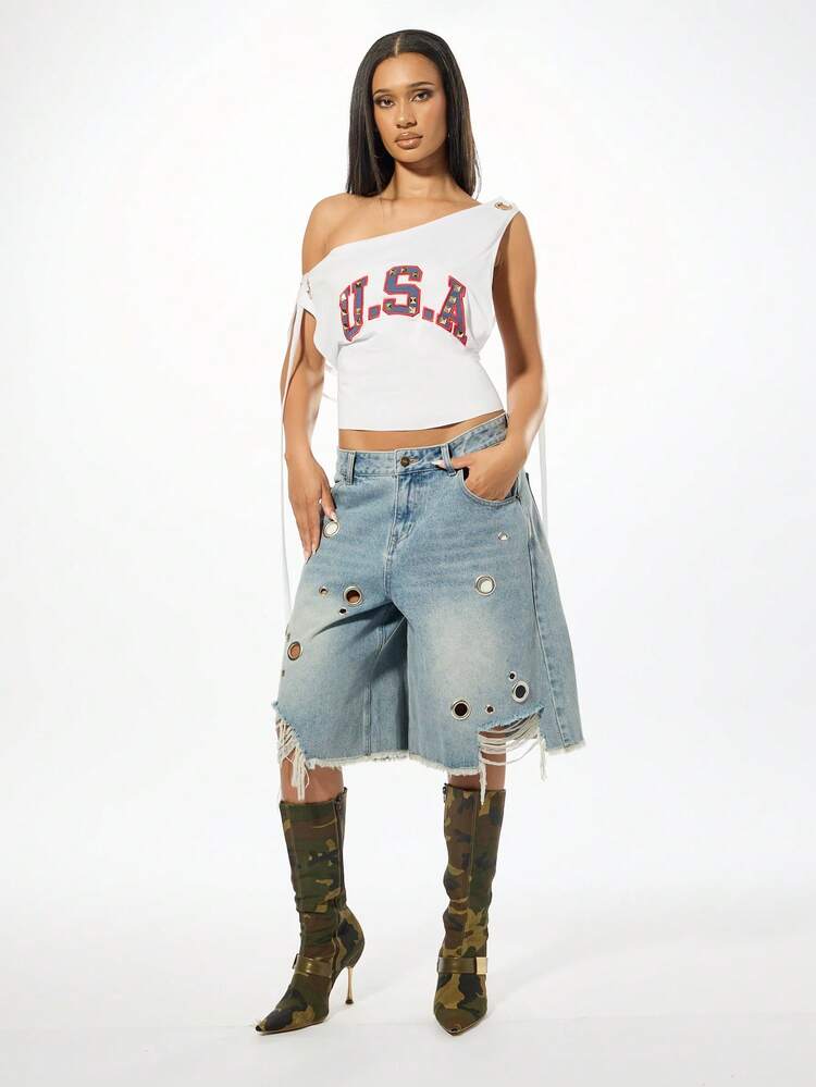 SUMWON Jersey Stud Embellished One Shoulder Lace Up Back Top With USA Varsity Print