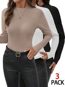 Editum Women's Crew Neck Solid Color Knit Fitted Stretchy Black, White, Khaki Elegant Everyday Casual Commute Multi-Pack T-Shirts, Autumn/Winter