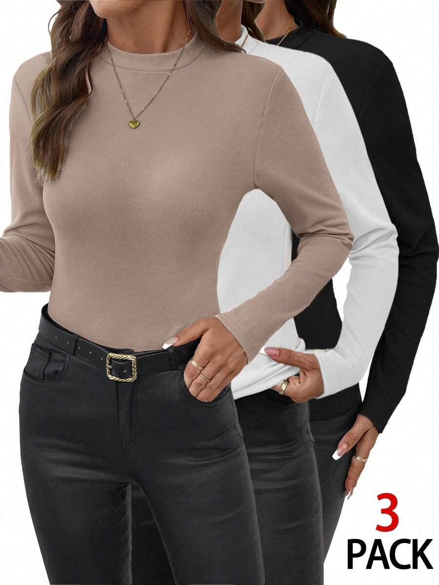 Editum Women's Crew Neck Solid Color Knit Fitted Stretchy Black, White, Khaki Elegant Everyday Casual Commute Multi-Pack T-Shirts, Autumn/Winter