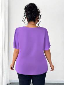 Elenzga Plus Size Asymmetrical Ruffle Collar Button Decor Short Sleeve Elegant Blouse - Purple - View 2