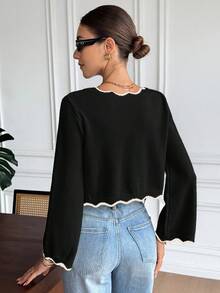 Serisse Women's Casual V-Neck Long Sleeve Sweater With Shell Trim, Autumn/Winter,Fall,Black Top - Black - View 2