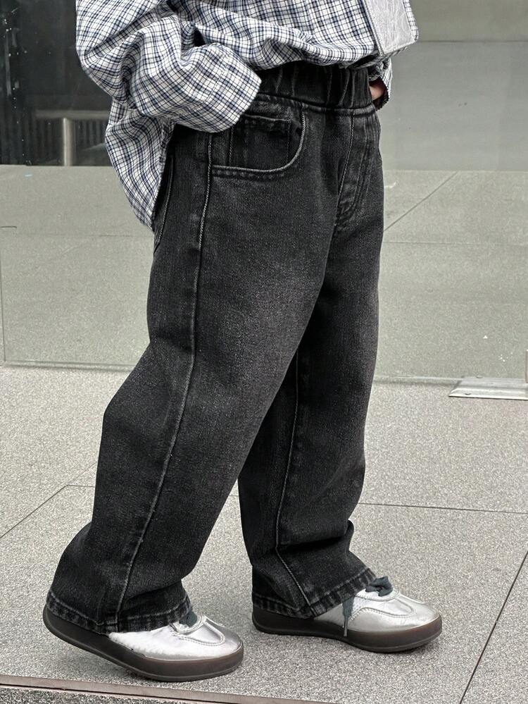 Young Boy Elastic Waist Pocket Loose Wide Leg Casual Jeans