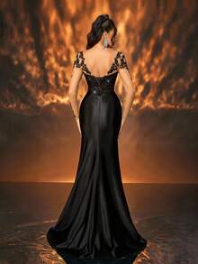 Glamrae 优雅华丽黑色奢华亮片透视长袖手工贴花缝合弹力缎适合婚礼活动单身派对节日舞会晚礼服秋冬（重口味） - 黑色 - 查看 4