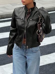 SHEIN EZwear Women's Solid Color PU Leather Zip-Up Casual Fashion Jacket Autumn Winter Clothes For Women - Black - View 4