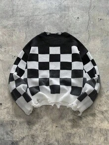 AXEPEAK Pull tricoté décontracté à carreaux colorblocks et délavé pour hommes, automne/hiver - Noir et Blanc - Voir 2