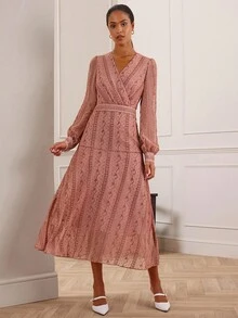 Lilora Vestido Casual Feminino de Manga Longa com Decote em V e Estampa, Comprimento Médio - Rosa Bebê - Visão 2
