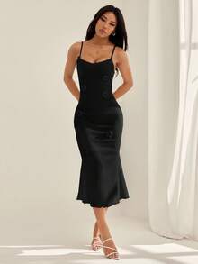 SHEIN PETITE Women's Solid Color Spaghetti Strap Fitted Dress With Ruffle Hem And 3D Floral Decor - Black - View 1