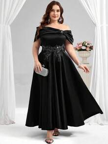 Coutiva Elegant Drop Shoulder Asymmetrical Collar With Applique Design And Wide Swing Satin Ball Gown, Suitable For Birthday Party, Graduation Ceremony, Wedding Guest, Back To School Party