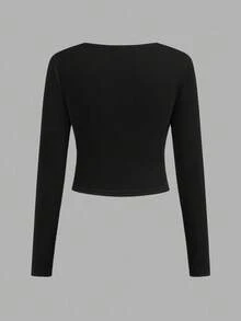 Coolane 青春期女孩四季纯色褶皱侧短款 T 恤 - 黑色 - 查看 4