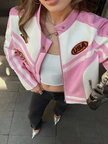 SHEIN ICON Y2K Women's PU Patchwork Motorcycle Jacket, Pink & White, High Collar, Casual Street Wear, Commuting, Autumn/Winter