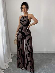 Elenzga 女士印花面料束腰连体裤，优雅度假和日常穿着 - 巧克力棕 - 查看 4