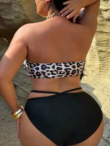 Swim SXY Plus Size 3pcs Set: Solid & Leopard Print Tube Top Swimwear Top Summer