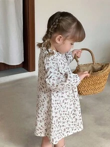 SHEIN Cute Floral Ruffle Trim Long Sleeve Dress, Infant/Toddler Girls Spring/Autumn Fall Winter - White - View 3