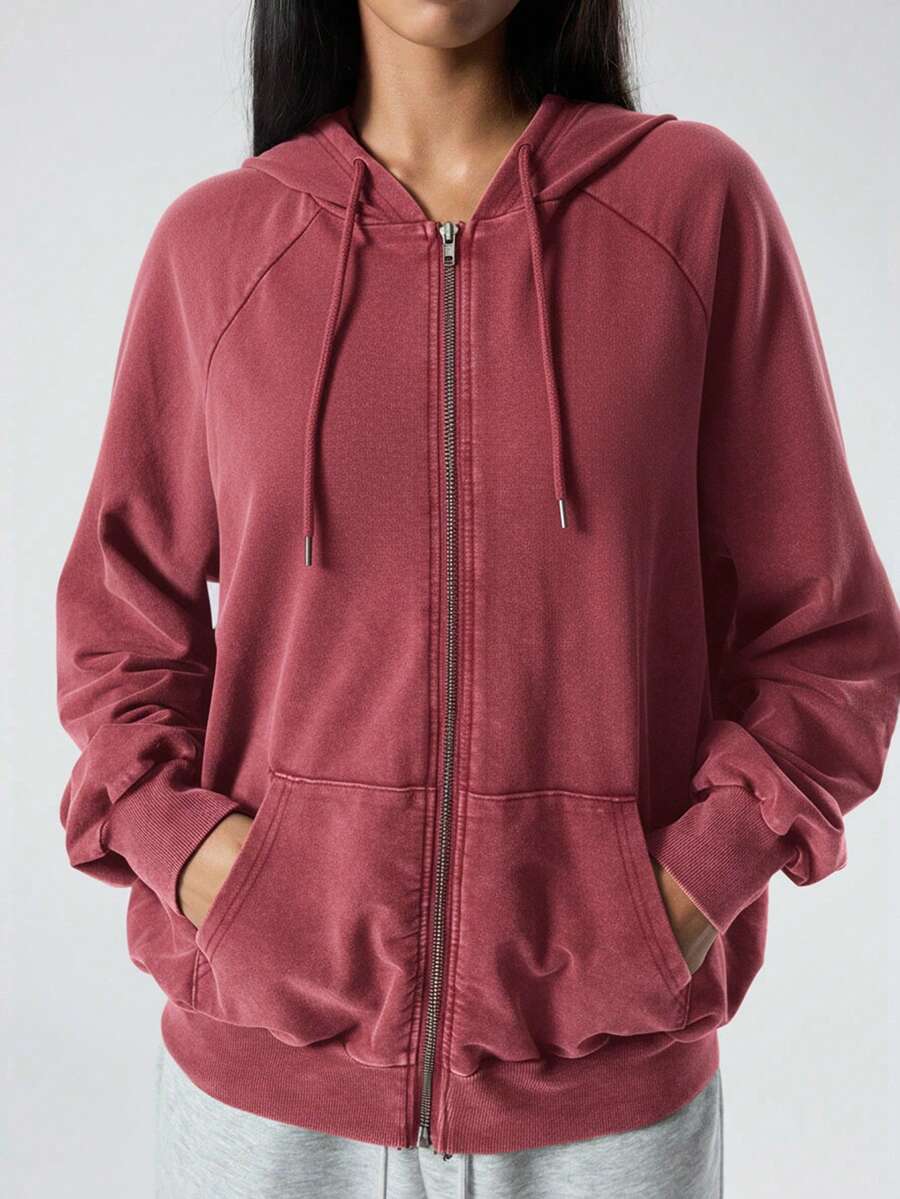 SHEIN EZwear 大码复古做旧棉质卫衣外套,秋冬女装,适合秋冬季节、圣诞节、新年、感恩节、派对、婚礼、海滩、毕业典礼、时尚、优雅、休闲、外出、约会、预约、通勤等场合。 - 紅色 - 查看 1