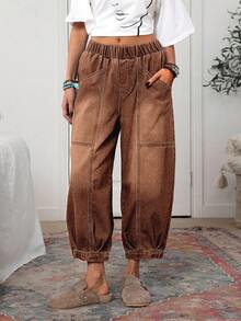 EMERY ROSE Plus Size Women Casual Loose Elastic Waist Wide Leg Jeans - Coffee Brown - View 6
