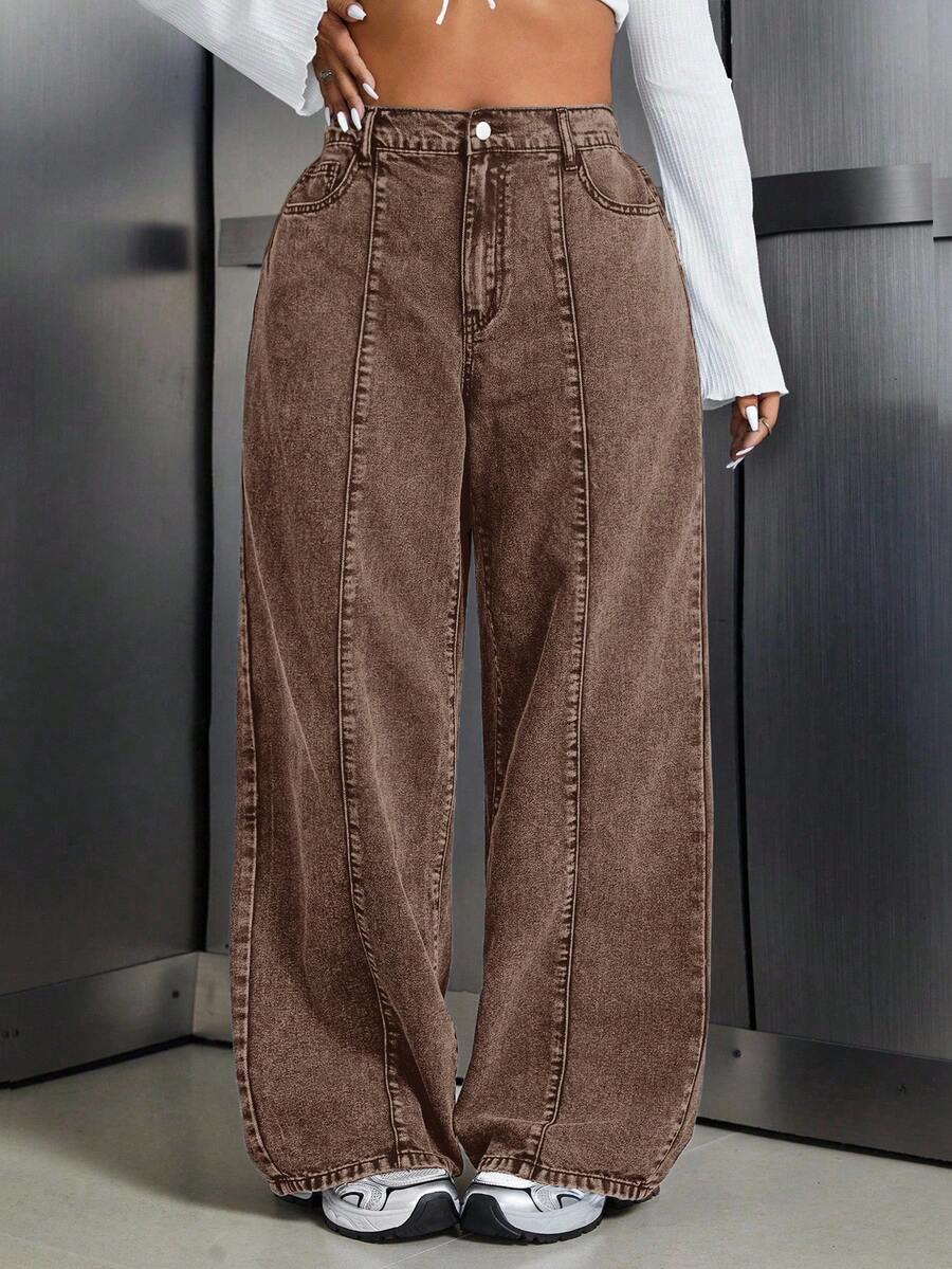 SHEIN Tall CURVE 大码休闲水洗复古阔腿牛仔裤 - 咖啡棕 - 查看 1