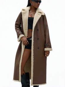 Aveloria Affinna Khaki Long Classic Lapel Faux Lamb Wool & PU Leather Cinched Waist Waist Elegant Casual Mixed Style Women Faux Fur Coat - Multicolor - View 3