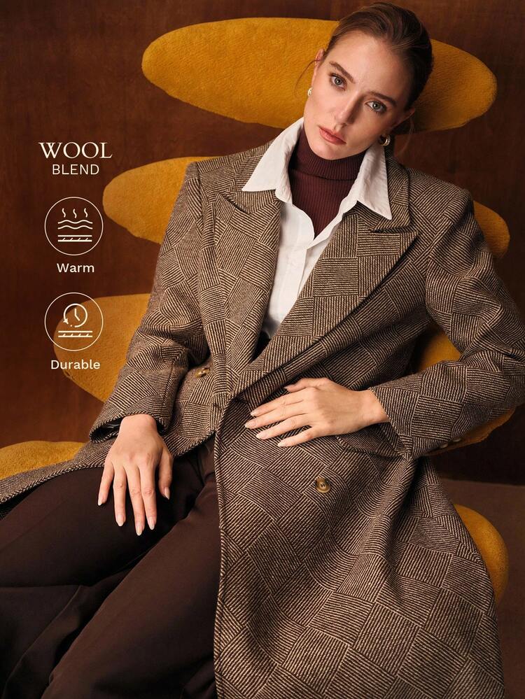 WOOL ELEGANT MINIMALIST COLLARED WAIST CINCHED PLAID TEXTURED OVERCOAT