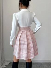 Elenzga 女式复古拼布格子腰喇叭迷你长袖连衣裙，适合约会、聚会、音乐节、狂欢节等，春秋季 - 紅白色 - 查看 2