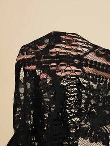 Amorya Women's Elegant Lace Short Sleeve Loose Top, Suitable For Wedding Season, Date, Spring And Summer, Color: Black