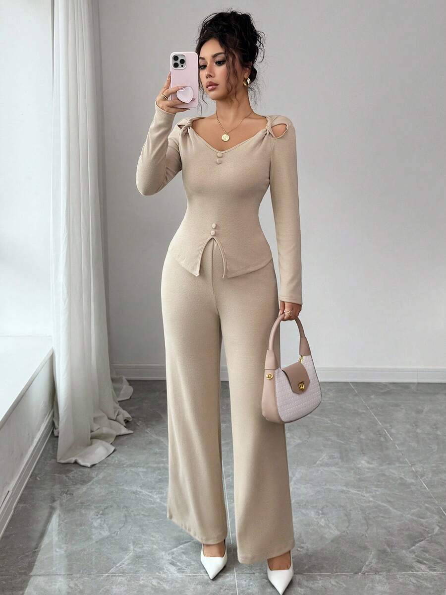 Elenzga New Stylish Elegant V-Neck Off-Shoulder Asymmetrical Hem Long Sleeve Top And Straight Leg Pants Women 2-Piece Set, Autumn - Khaki - View 1