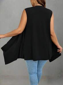 EMERY ROSE Plus Size Solid Color Minimalist Sleeveless Jacket, Street Style Winter Fall Autumn - Black - View 2