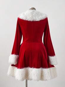 Sunspun Plus Size Women's Christmas Red Korean Fleece Long Sleeve Dress