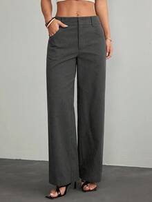 SHEIN PETITE 女士休闲时尚夏季度假条纹印花口袋宽松长裤，适合日常穿着 - 深灰色 - 查看 10