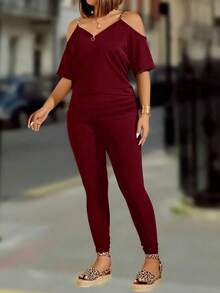 EMERY ROSE 春夏季大码纯色露肩上衣和裤子套装 - 酒紅色 - 查看 3