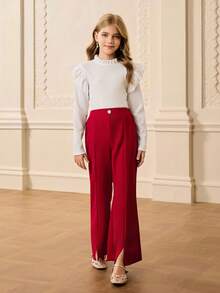 Conjunto de camiseta básica de manga larga de cuello redondo ajustada de unicolor y pantalones acampanados de cintura alta de unicolor, estilo casual minimalista, adecuado para volver al colegio, otoño - Burdeos - Ver 4
