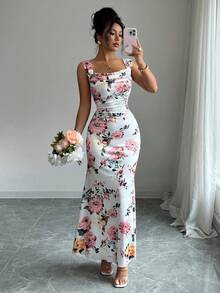 SHEIN PETITE Women's Sleeveless Floral Allover Print Fitted Long Dress - Multicolor - View 3