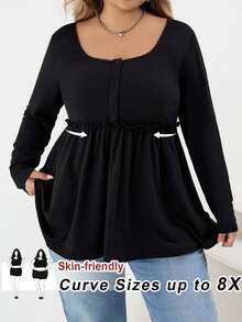 SHEIN CURVE+ 大码女式黑色方领荷叶边下摆长袖 T 恤，秋冬 - 黑色 - 查看 9