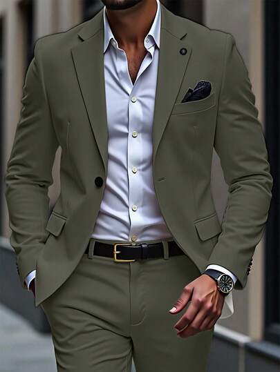 Manfinity Mode Men's Lapel Neck Long Sleeve Blazer And Pants Business Travel Suit Set Men Suits Green Green Blazer Men Olive Green Suit Men Classy Suit,A Great Gift For A Boyfriend Or Husband.