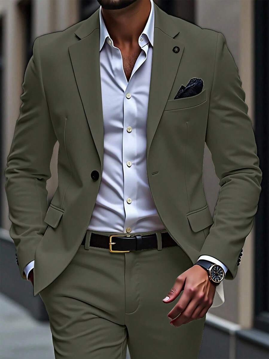 Manfinity Mode Men's Lapel Neck Long Sleeve Blazer And Pants Business Travel Suit Set Men Suits Green Green Blazer Men Olive Green Suit Men Classy Suit,A Great Gift For A Boyfriend Or Husband. - Army Green - View 1
