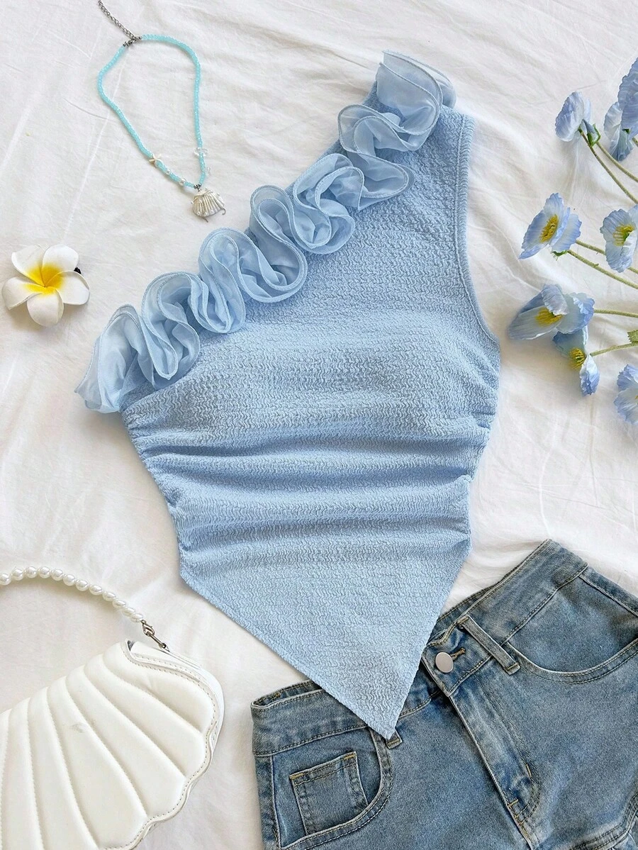SHEIN WYWH Vacation Romantic Floral Trim Fitted Blouse, Suitable For Music Festival, Bohemian, Holiday Date, Afternoon Tea - Baby Blue - View 1