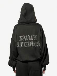 SUMWON WOMEN Oversized Rhinestone Skeleton Zip Through Hoodie With Full Front Zipper Gothic Halloween Statement Pullover - Black - View 6