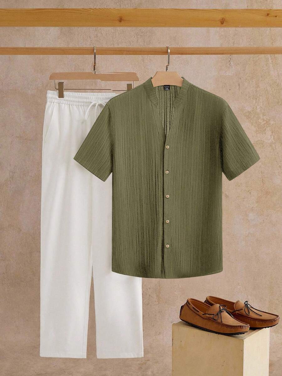 HIMLAND 2pcs/Set Men's Casual V-Neck Mandarin Collar Short Sleeve Shirt Set Men Linen Set Men Casual Sets Europe Summer Outfits For Men Set Men Shirt Co Ords Khaki Men Set