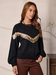 LanaWest Women's Casual Vacation Western Cowgirl Style Sequin Patchwork Raglan Sleeve Sweater, Autumn - Black - View 3