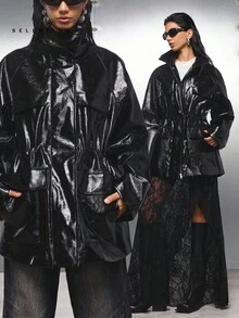 LYSMO Plus Size Glossy PU Punk Avant-Garde Casual Cinched Waist Pocket Jacket, Autumn/Winter - Black - View 5