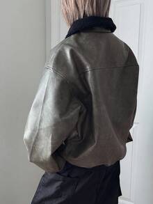 FRIFUL 女士时尚休闲PU仿羊羔绒领拼接夹克皮夹克 - 灰色 - 查看 6